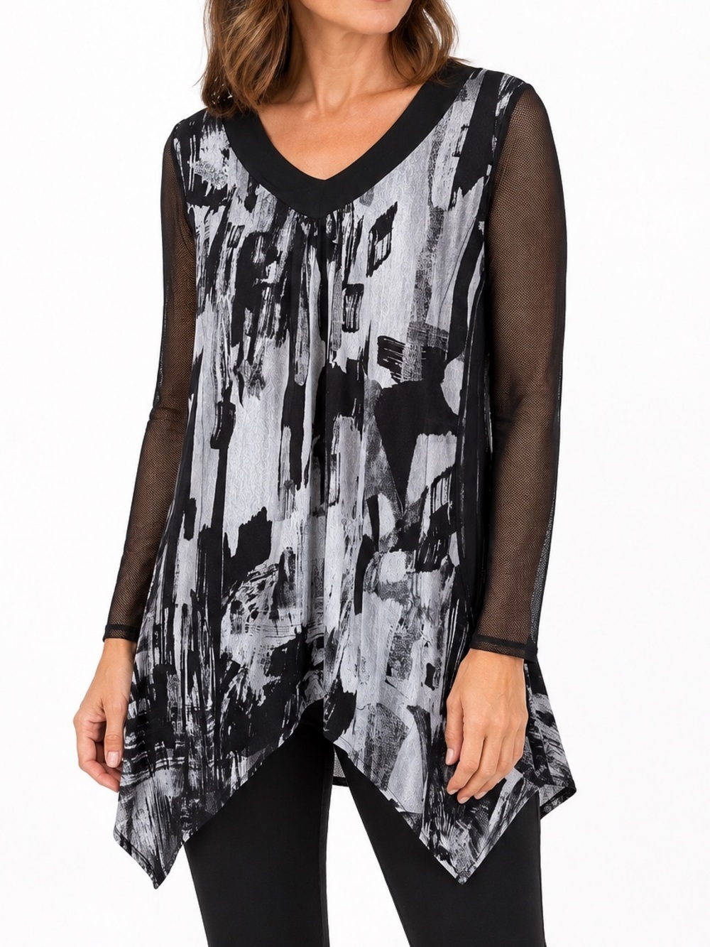 Papa Vancouver Abstract Print Tunic Top Black White Mesh Sleeve Boho Artsy